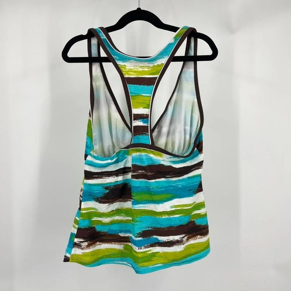 Y2K Striped Halter‎ Tankini Swim Top Brown Green Boho Beachy Tropical Small